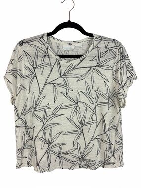 Cynthia Rowley 100% Linen Leaf Print Tee XL Ivory Black Short Sleeve Top